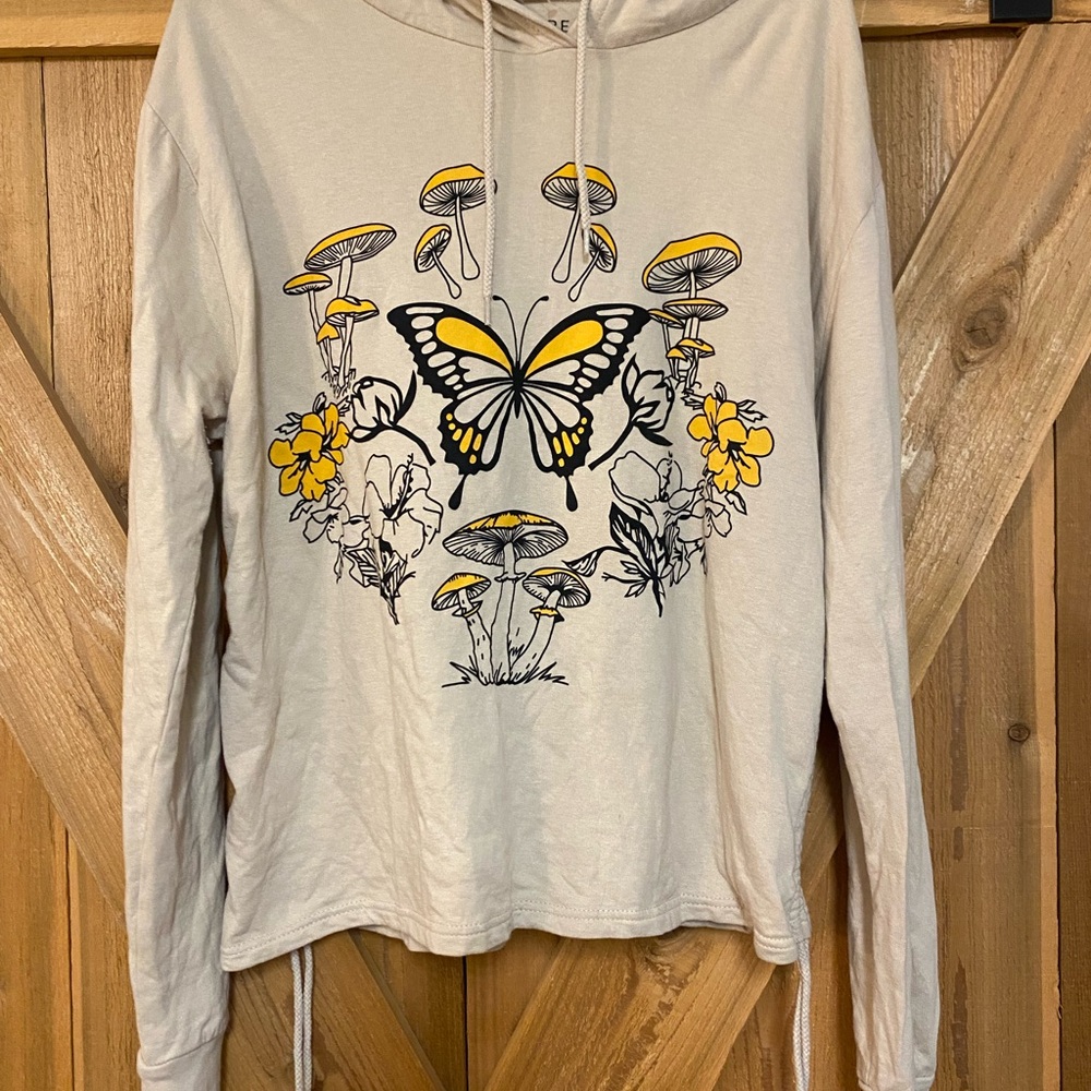 On Fire Beige Hoodie with Butterfly and Yellow Floral Design